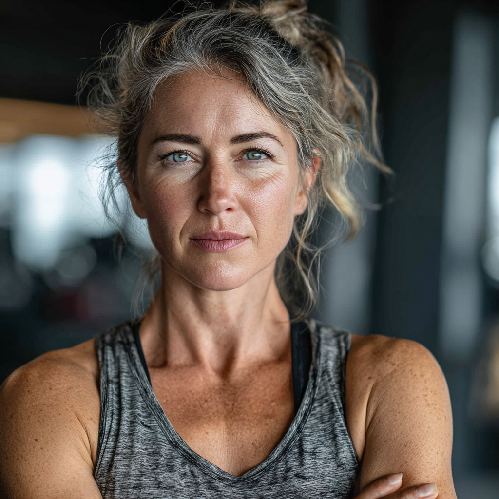 Confident middle-aged woman in her 40s wearing athletic clothing, standing in a modern gym with natural lighting, showing determination and strength