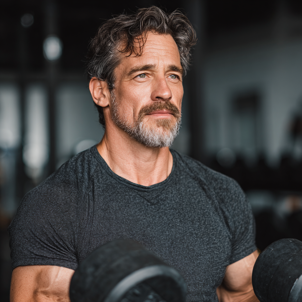 Energetic man in his 50s doing strength training with dumbbells in a well-equipped gym, showing focus and determination